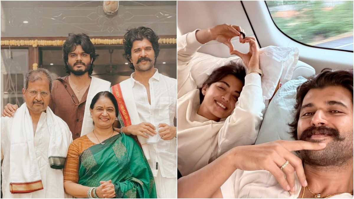 Newlywed couple Vijay Deverakonda and Rashmika Mandanna travelling together to his father's native village Thummanpet to reward 180 merit government school students.