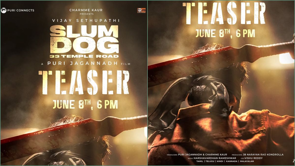 Actor Vijay Sethupathi holding a blood-stained weapon in an intense action-packed poster announcing the Slumdog teaser release date.