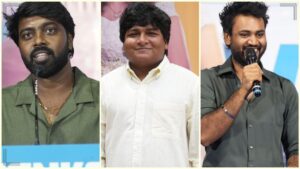 Producer Yuvaraj Ganesan, Gopi, and Pari Elavazhagan at the Anbe Diana thanks meet.