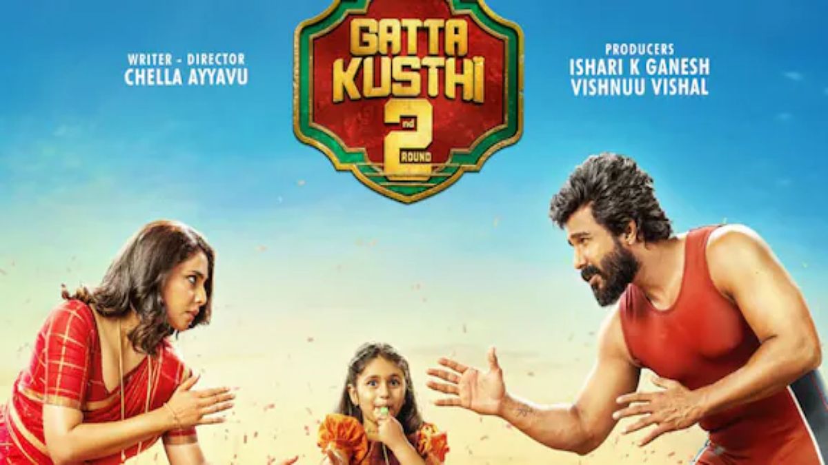 Vishnu Vishal, Aishwarya Lekshmi and the child star in Gatta Kusthi 2.