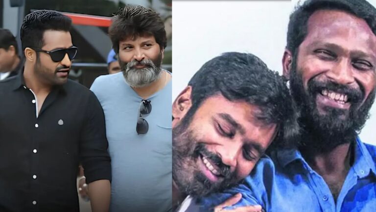 Jr NTR and Dhanush promotional stills with Lord Murugan's Vel symbol.