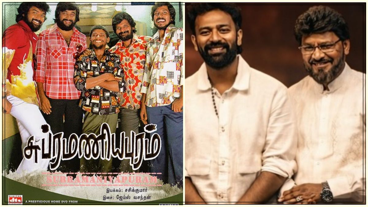 Vintage throwback image featuring director Sasikumar and veteran filmmaker Bhagyaraj discussing the movie Subramaniyapuram.