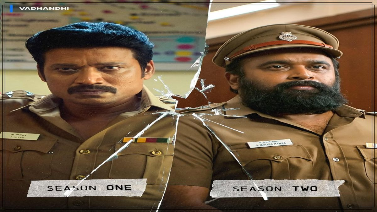 Official first look poster featuring M. Sasikumar as a police officer in Vadhandhi Season 2.