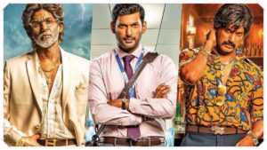 Official editorial banner highlighting actor Vishal's three distinct getups in the movie Magudam.