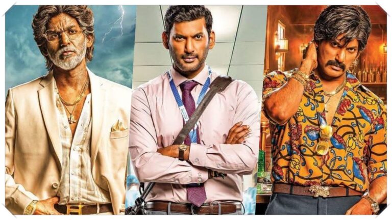 Official editorial banner highlighting actor Vishal's three distinct getups in the movie Magudam.