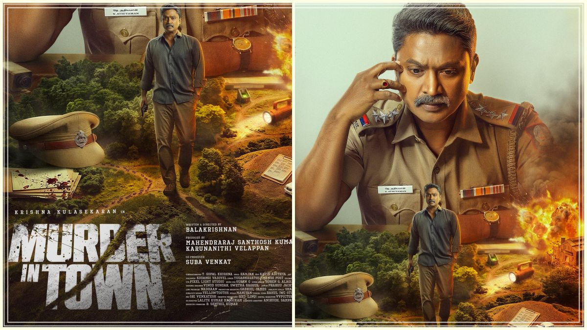 Actor Krishna sporting an intense police officer look in the Murder In Town first look poster.
