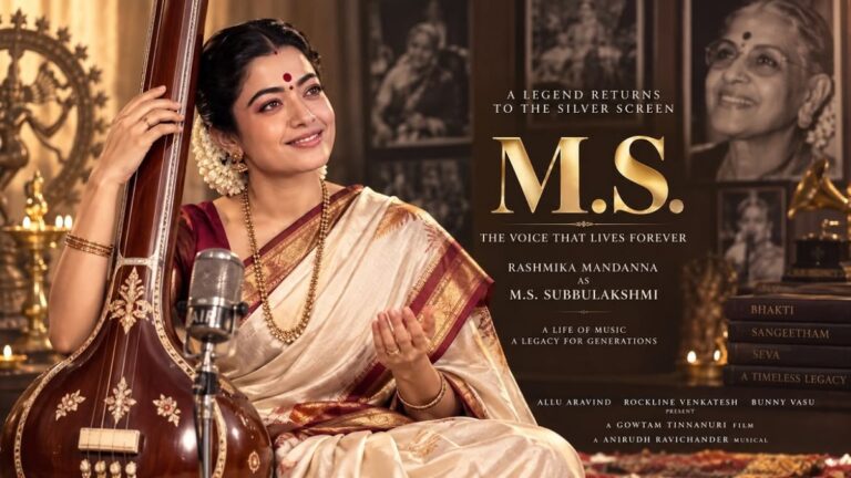 Official announcement banner for the M.S. Subbulakshmi biopic starring Rashmika Mandanna.
