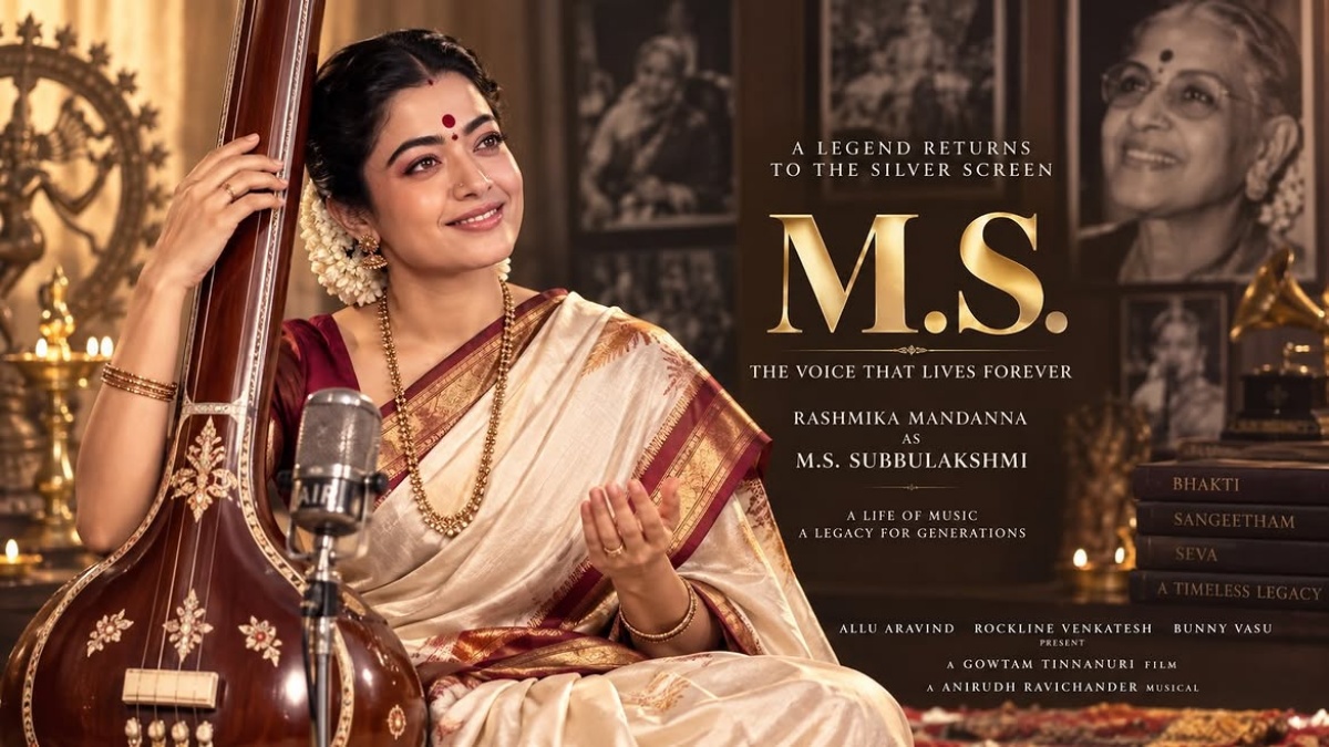 Official announcement banner for the M.S. Subbulakshmi biopic starring Rashmika Mandanna.