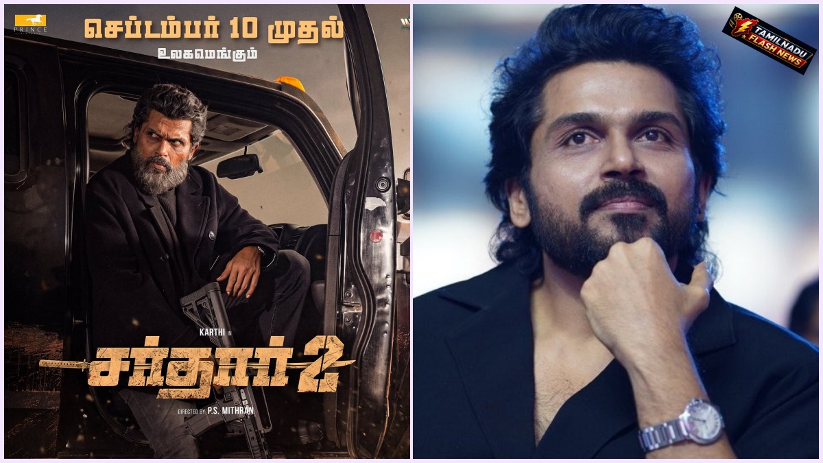 Actor Karthi and director PS Mithran discussing a scene during the production of Sardar 2.