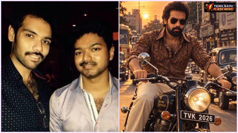 Actor Sibi Sathyaraj riding a retro-style bike with a 'TVK 2026' number plate.