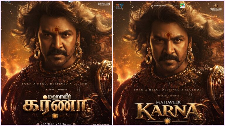 Editorial visual featuring the birthday special poster for Raghava Lawrence's Mahaveer Karna.