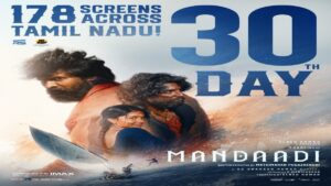 Editorial visual featuring box office milestone themes for Mandaadi.