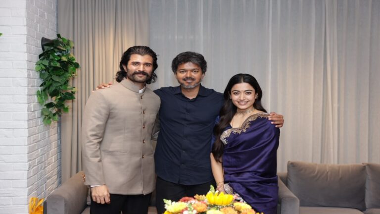 Editorial visual featuring Rashmika Mandanna meeting Chief Minister Vijay.